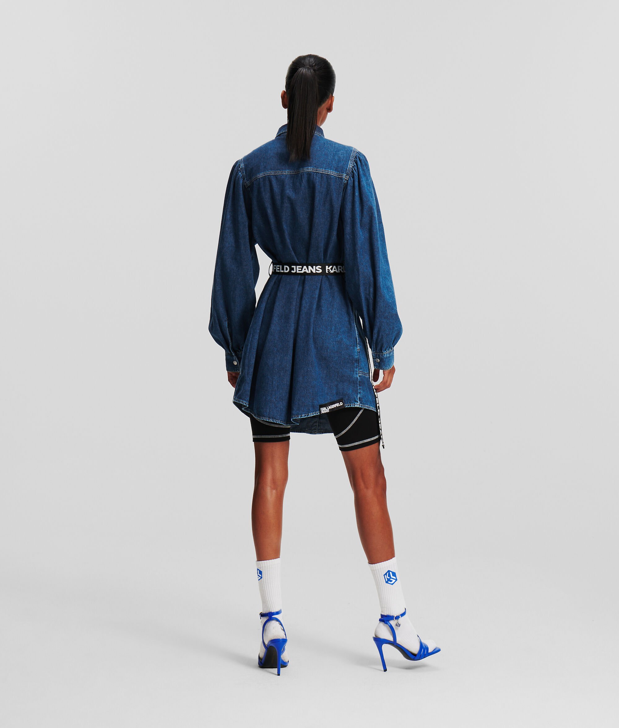 (image for) Cool KLJ BELTED PUFF-SLEEVE DENIM DRESS